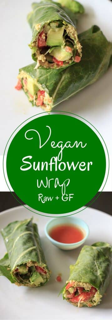 Vegan and gluten free wrap made with collard greens, veggies and sunflower hummus. This sunflower wrap is full of healthy flavors!