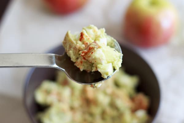 Healthy egg salad using avocado instead of mayonnaise. Added apples for an extra crunch. Perfect combination of crunch and chewy, without the extra calories!
