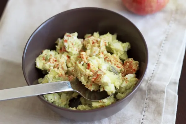 Healthy egg salad using avocado instead of mayonnaise. Added apples for an extra crunch. Perfect combination of crunch and chewy, without the extra calories!