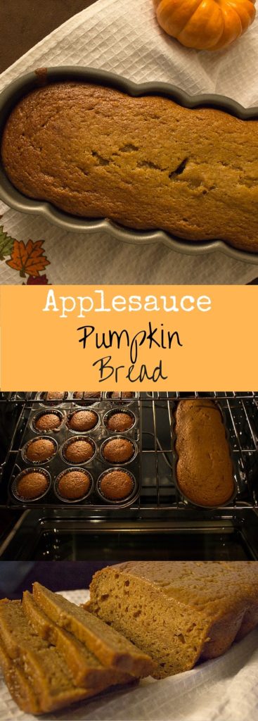 Pumpkin bread made a little healthier with applesauce instead of oil! The perfect Fall treat to satisfy a pumpkin craving and great for sharing.