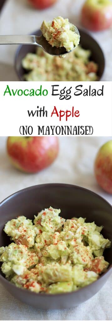No mayo avocado egg salad with apples. Perfect combination of crunchy and chewy, without the extra calories of mayonnaise.