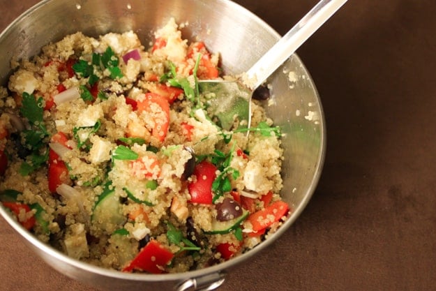 Greek Quinoa Salad in metal bowl