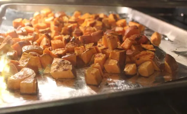 diced sweet potatoes in oven