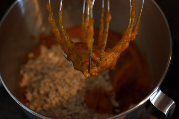 Pumpkin Oatmeal Chocolate Chip Cookie dough in mixer