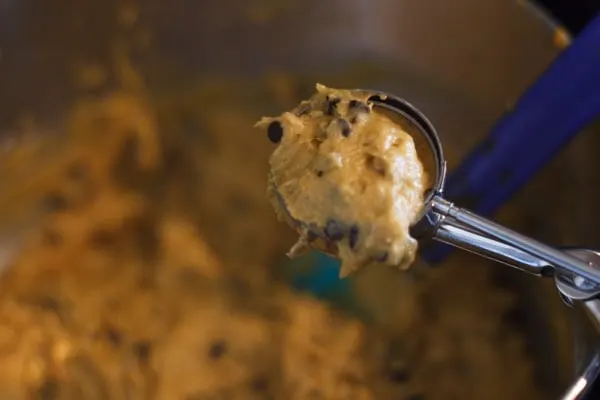 scooping out Pumpkin Oatmeal Chocolate Chip Cookie dough with cookie scooper