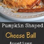 A pumpkin shaped cheese ball that is a perfect appetizer to serve at a Halloween or other Fall-themed event. Super cute and delicious!