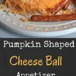 A pumpkin shaped cheese ball that is a perfect appetizer to serve at a Halloween or other Fall-themed event. Super cute and delicious!