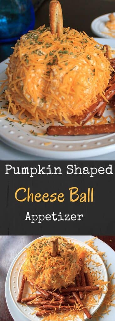 A pumpkin shaped cheese ball that is a perfect appetizer to serve at a Halloween or other Fall-themed event. Super cute and delicious!