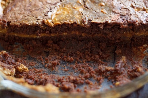 half of pumpkin cheesecake brownies in baking dish