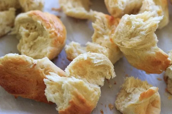 torn up cubes of homemade challah bread