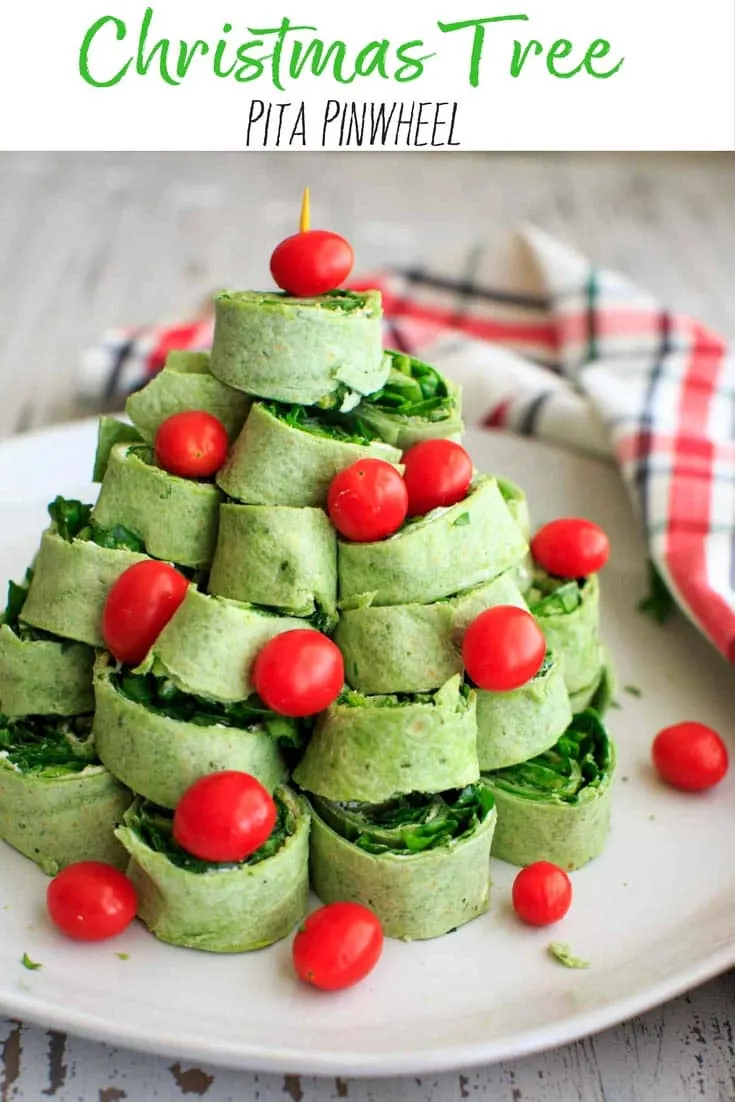 A Christmas tree pita pinwheel appetizer pin