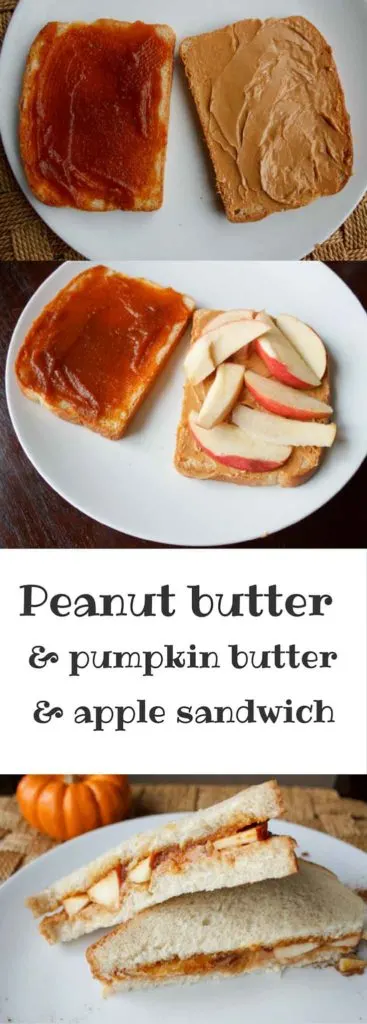 Peanut butter, pumpkin butter, and apple sandwich. A unique, crunchy and flavorful combination for all your autumn cravings.