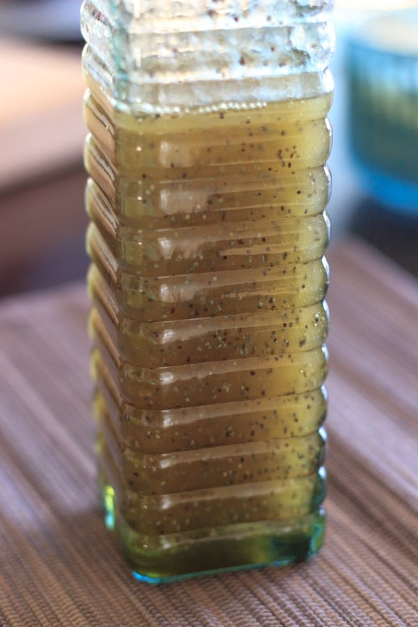 honey poppyseed dressing in clear dispenser