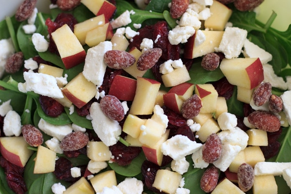 Spinach salad with apple, feta, dried cranberries and honey almonds close up