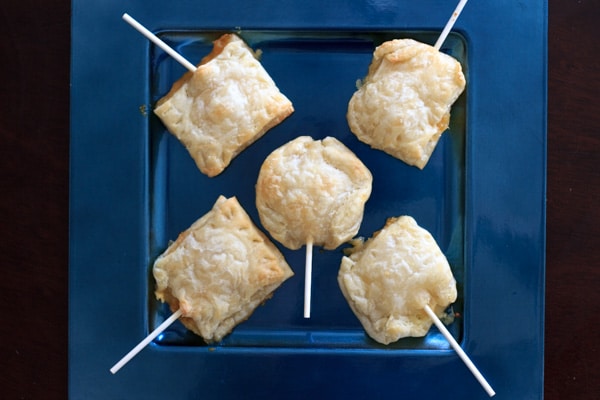 baked brie pops on blue plate