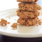 Skinny peanut butter cookies (gluten-free). 5 ingredients, bake in about 10 minutes. Super easy and delicious, you won't even miss the flour! | trialandeater.com