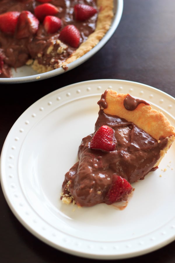 a slice of nutella putting tart on a white plate