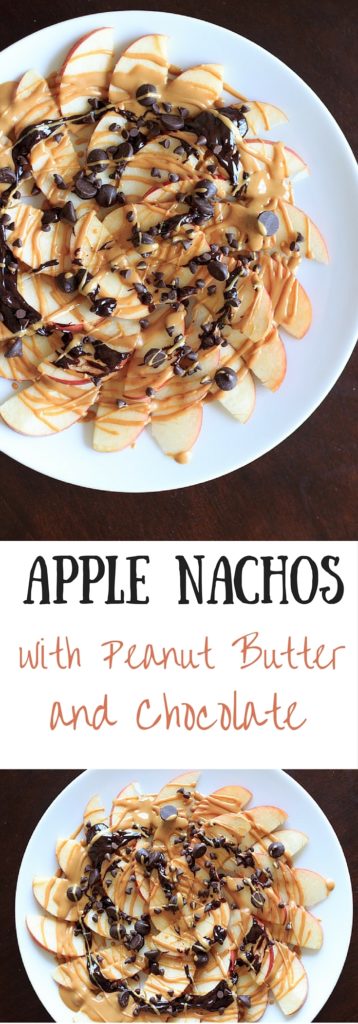 Apple Nachos with peanut butter and chocolate drizzle. Fruit, protein and chocolate makes this a great healthy snack at any time!