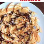 Dessert apple nachos with peanut butter and chocolate drizzle. Fruit, protein and chocolate makes this a delicious vegan and gluten free snack that kids and adults will both love!