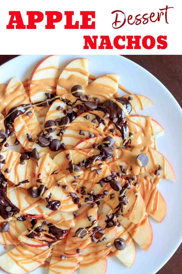 Dessert apple nachos with peanut butter and chocolate drizzle. Fruit, protein and chocolate makes this a delicious vegan and gluten free snack that kids and adults will both love!