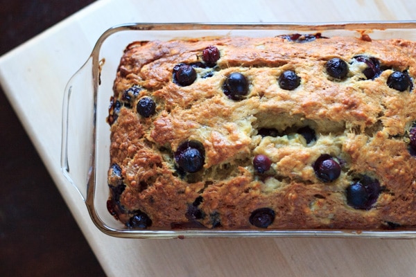 baked banana bread with blueberries fresh out of the oven