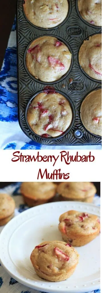 Strawberry rhubarb muffins with a dash of cinnamon, using greek yogurt instead of milk and applesauce instead of oil.