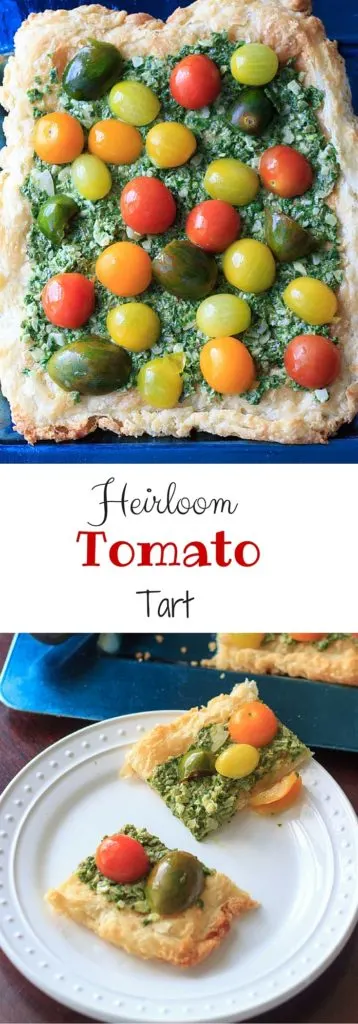 Heirloom tomato tart with homemade puff pastry, vegan pesto, and heirloom tomatoes. Delicious!