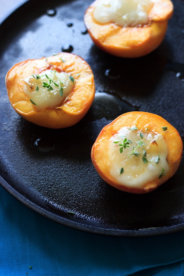 baked peach halves topped with melted brie and fresh thyme