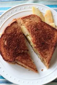 Grown up grilled cheese with two sauces, two types of cheese, and two kinds of fruits (including tomato). Loaded with flavor! 