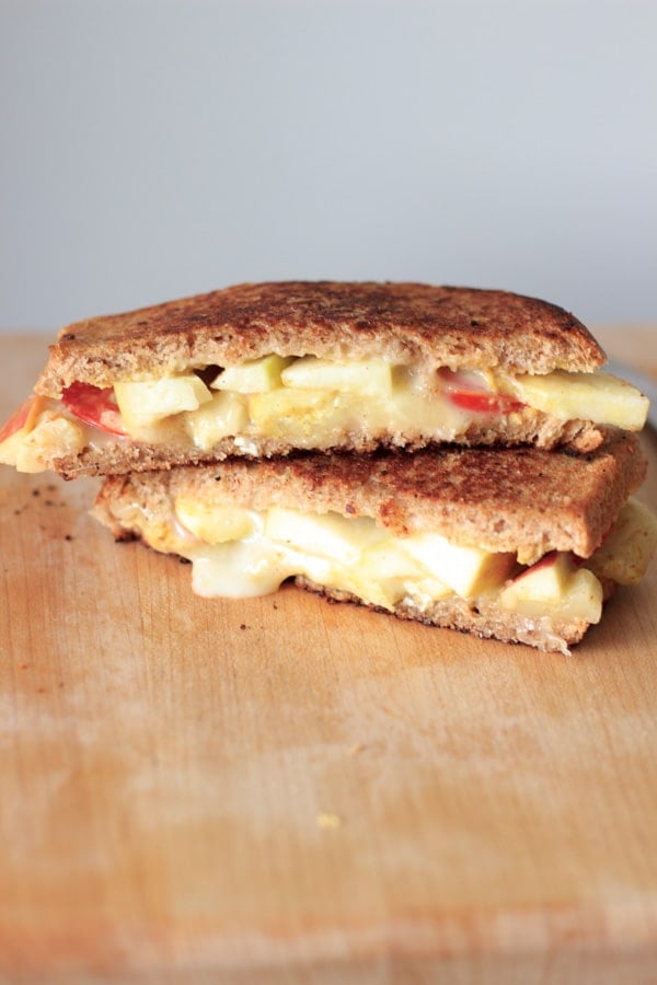 Grown up grilled cheese with two sauces, two types of cheese, and two kinds of fruits (including tomato). Loaded with flavor! 