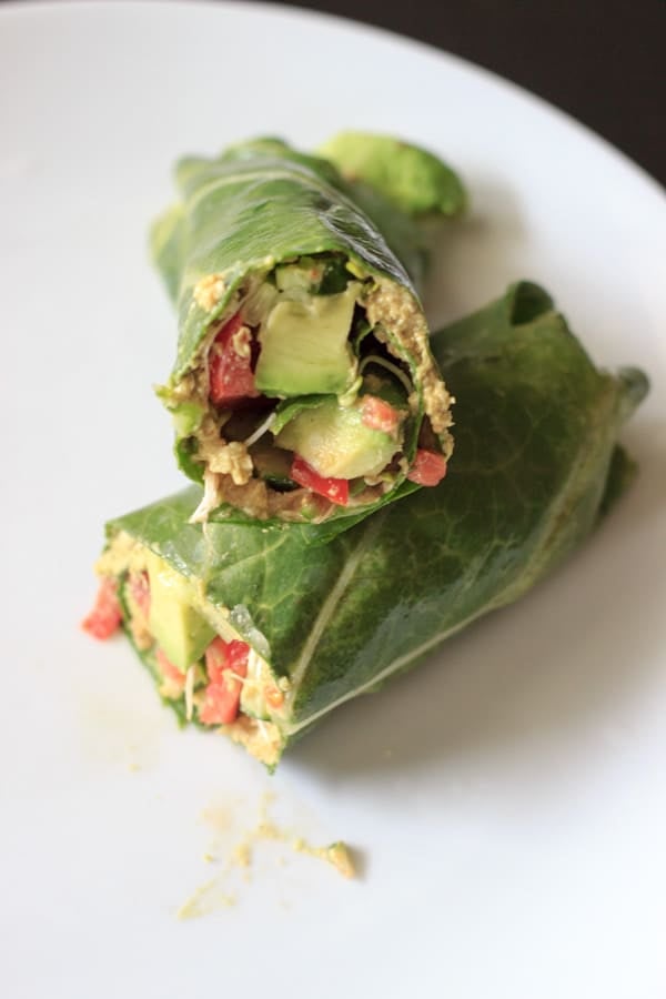 Vegan and gluten free wrap made with collard greens, veggies and sunflower hummus. This sunflower wrap is full of healthy flavors!