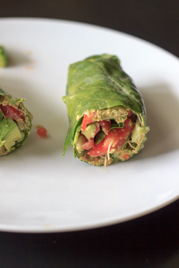 Vegan and gluten free wrap made with collard greens, veggies and sunflower hummus. This sunflower wrap is full of healthy flavors!
