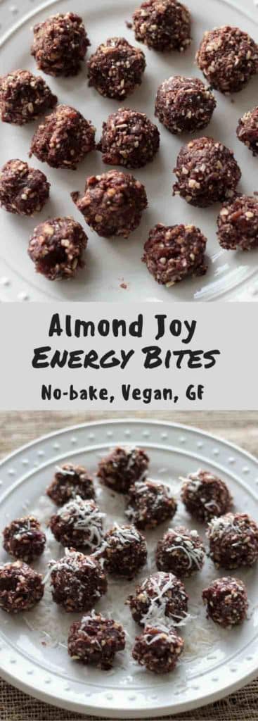 Almond joy energy bites - perfect bite sized healthy snacks to beat that chocolate craving! Vegan & gluten-free treats ready in less than 10 minutes.