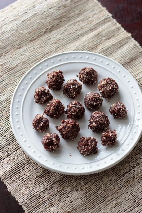 almond joy bites on plate before coconut flakes added on top