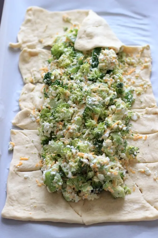 Broccoli and cheese goodness all wrapped up in crescent roll dough. Easy, quick dinner, made healthy by swapping out the mayonnaise!