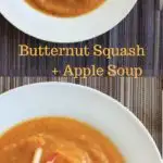 Butternut squash apple soup. Delicious autumn flavors blended together make this vegan soup a crowd-pleasing appetizer.