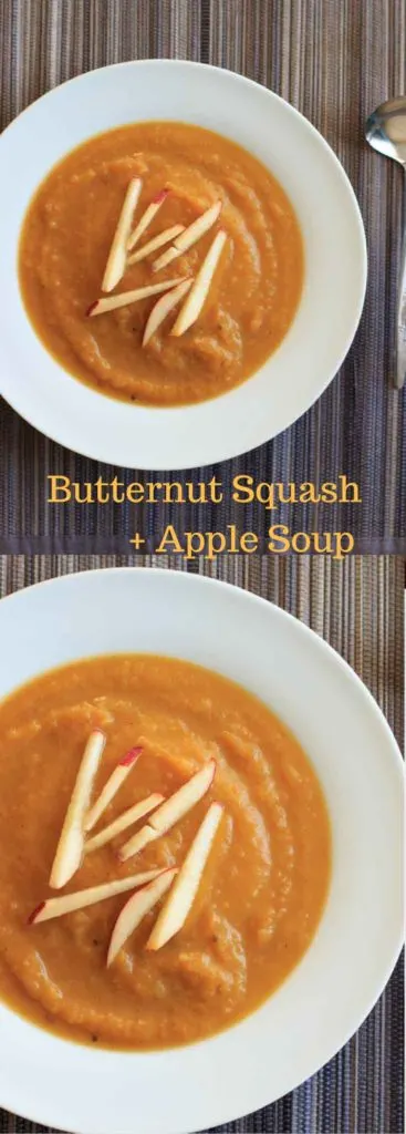 Butternut squash apple soup. Delicious autumn flavors blended together make this vegan soup a crowd-pleasing appetizer.
