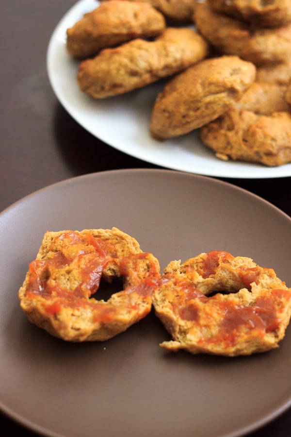 Pumpkin bagel sliced with pumpkin butter