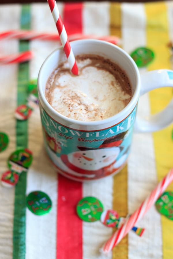 Peppermint eggnog hot chocolate using homemade (cooked) eggnog. Perfect holiday drink!