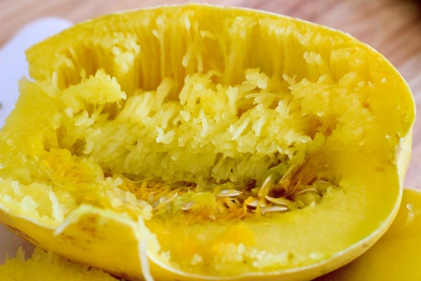 cooked spaghetti squash cut lengthwise in half