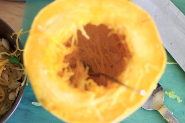 top down look of inside of cooked spaghetti squash