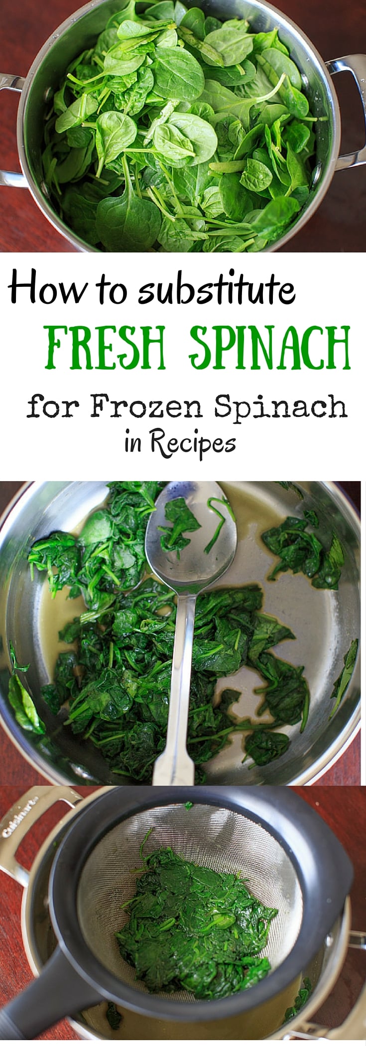 How to substitute fresh spinach for frozen spinach! Or, a simple way to saute spinach for an easy side dish.