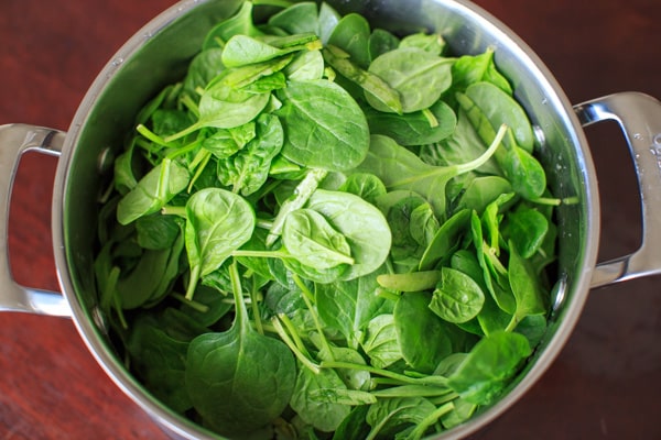 stove pot filled with fresh baby spinach leaves.