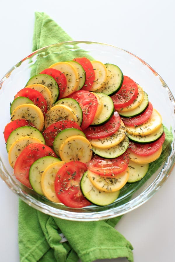 Healthy Squash and Tomato Casserole - Summer squash, zucchini, tomato and herbs make this colorful and healthy side dish a great vegan addition to any summer meal.