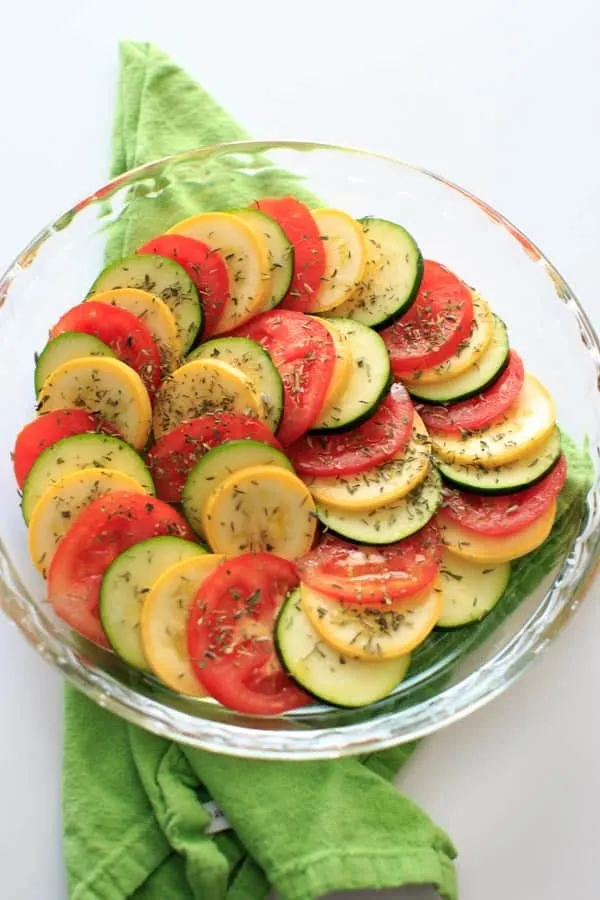 Healthy Squash and Tomato Casserole - Summer squash, zucchini, tomato and herbs make this colorful and healthy side dish a great vegan addition to any summer meal.