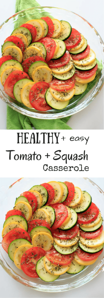 Healthy Squash and Tomato Casserole - Summer squash, zucchini, tomato and herbs make this colorful and healthy side dish a great vegan addition to any summer meal.