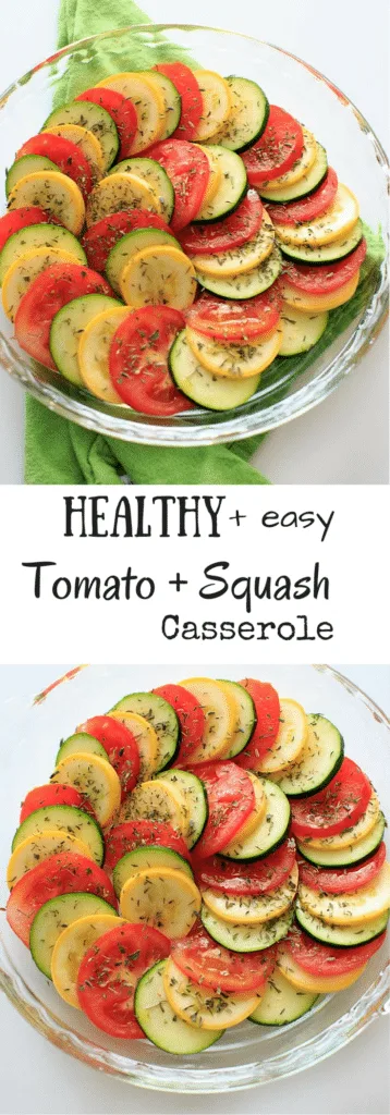 Healthy Squash and Tomato Casserole - Summer squash, zucchini, tomato and herbs make this colorful and healthy side dish a great vegan addition to any summer meal.