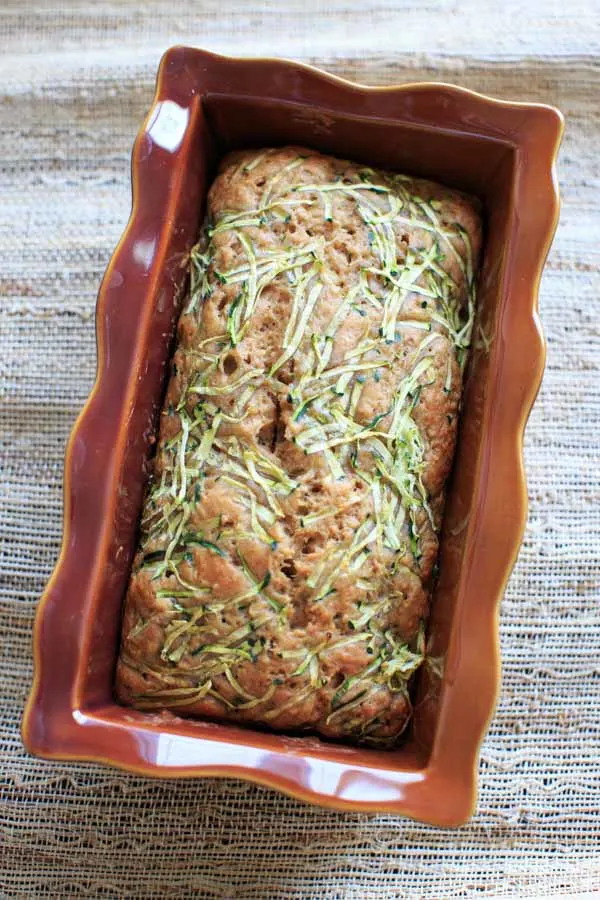 Skinnier Zucchini Bread baked in brown bread pan