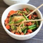 Veggie Lo Mein with mushrooms, green beans and carrots. Packed with veggies and ready faster than take-out.