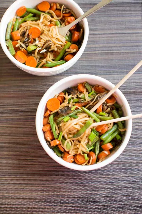 Veggie Lo Mein with mushrooms, green beans and carrots. Packed with veggies and ready faster than take-out. 